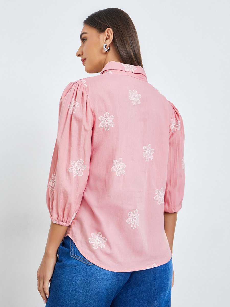 Pink Embroidered Puff Sleeve Shirt