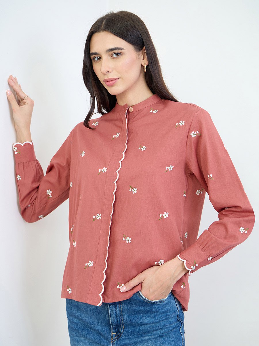 Rust Embroidered Scalloped Detail Mandarin Collar Top