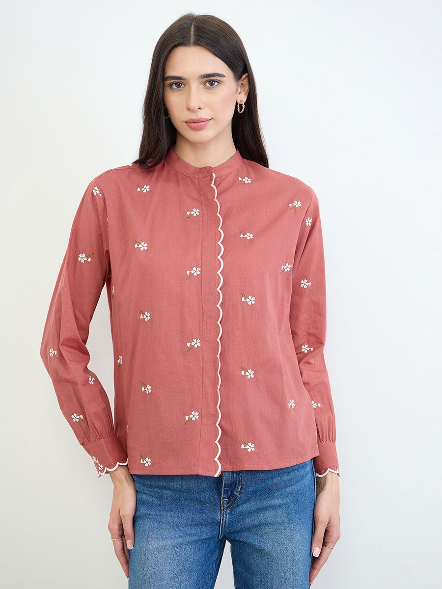 Rust Embroidered Scalloped Detail Mandarin Collar Top