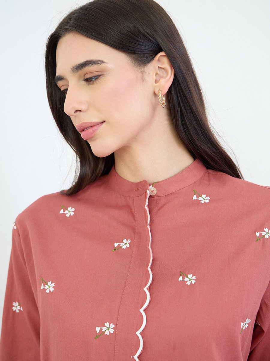 Rust Embroidered Scalloped Detail Mandarin Collar Top