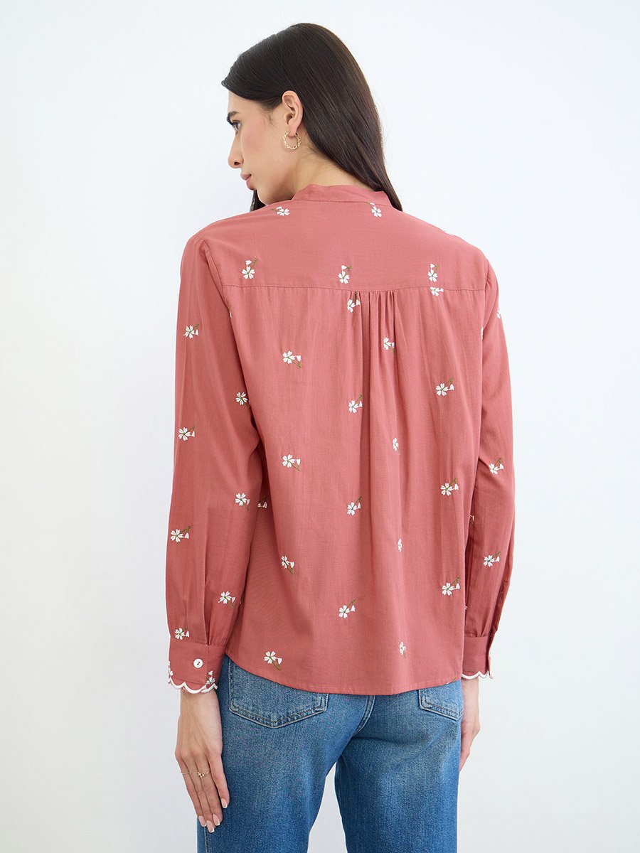 Rust Embroidered Scalloped Detail Mandarin Collar Top
