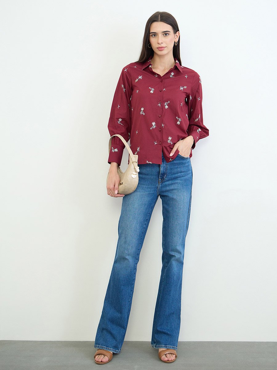 Burgundy Embroidered Long Sleeve Shirt