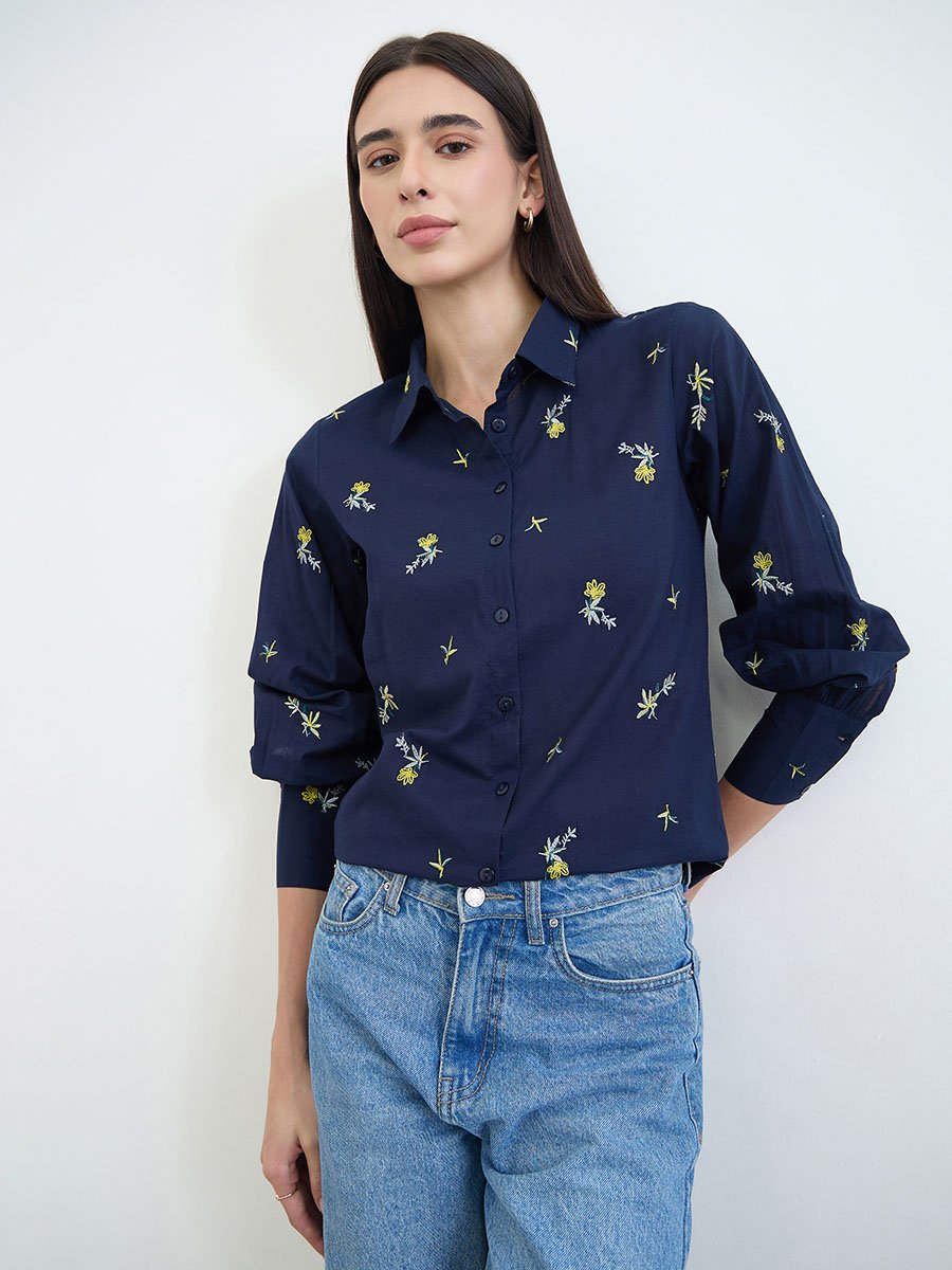 Navy Floral Embroidered Long Sleeve Shirt