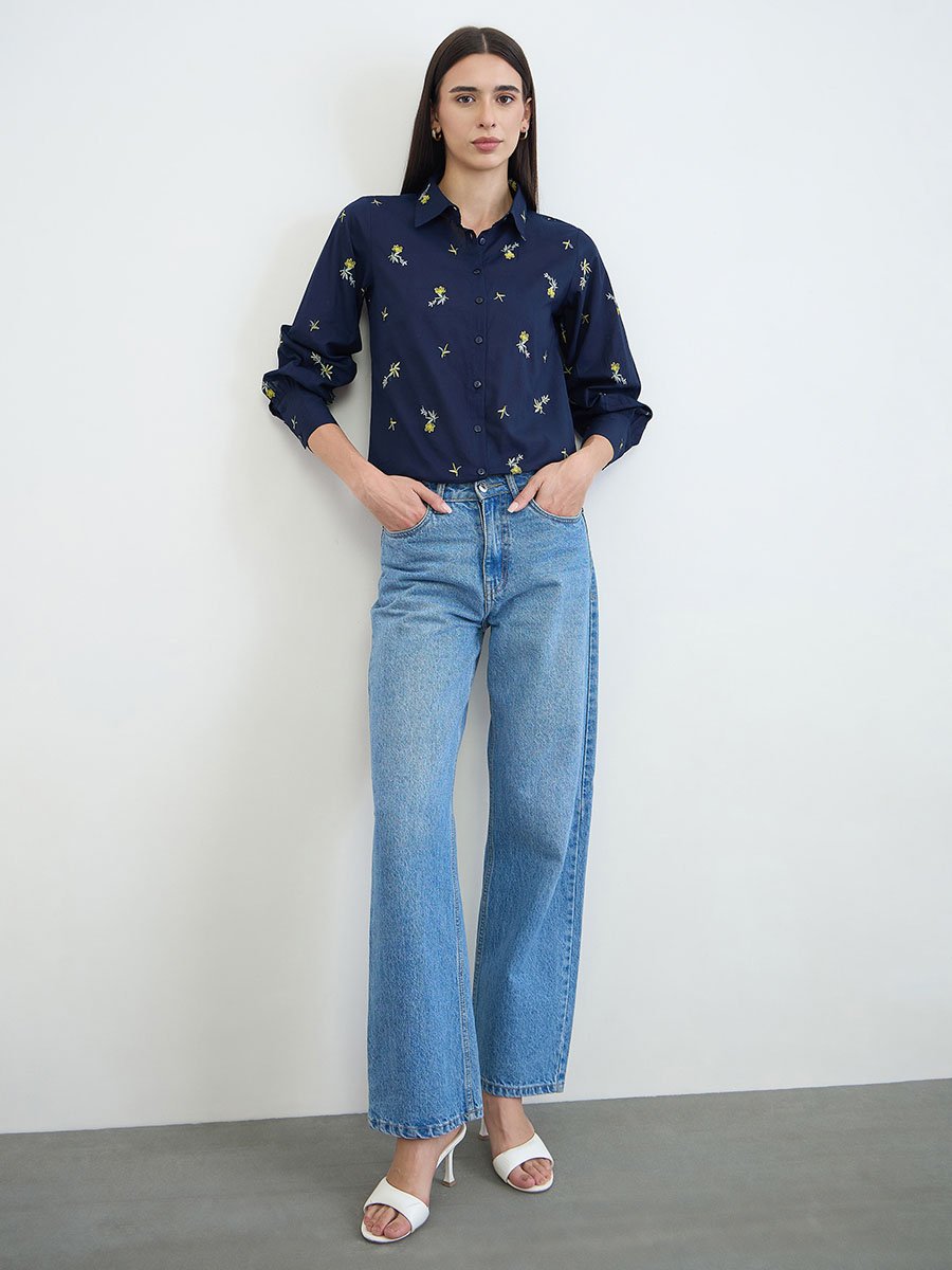 Navy Floral Embroidered Long Sleeve Shirt