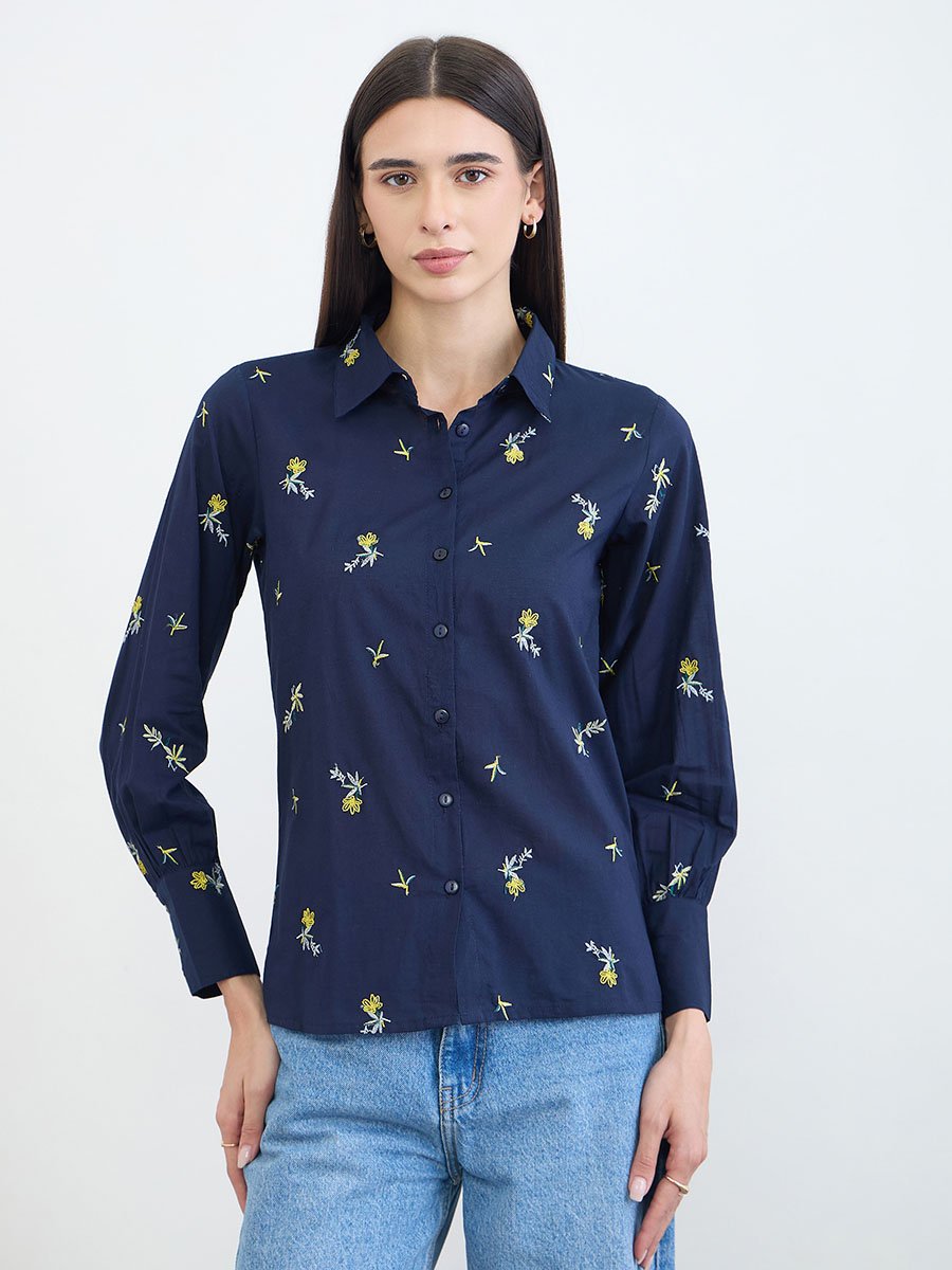Navy Floral Embroidered Long Sleeve Shirt