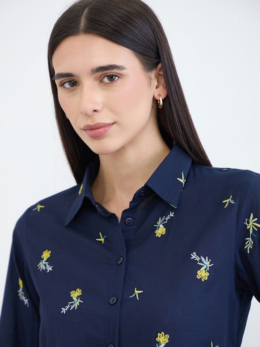 Navy Floral Embroidered Long Sleeve Shirt