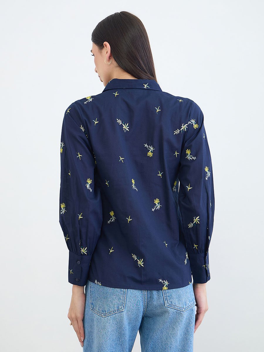 Navy Floral Embroidered Long Sleeve Shirt
