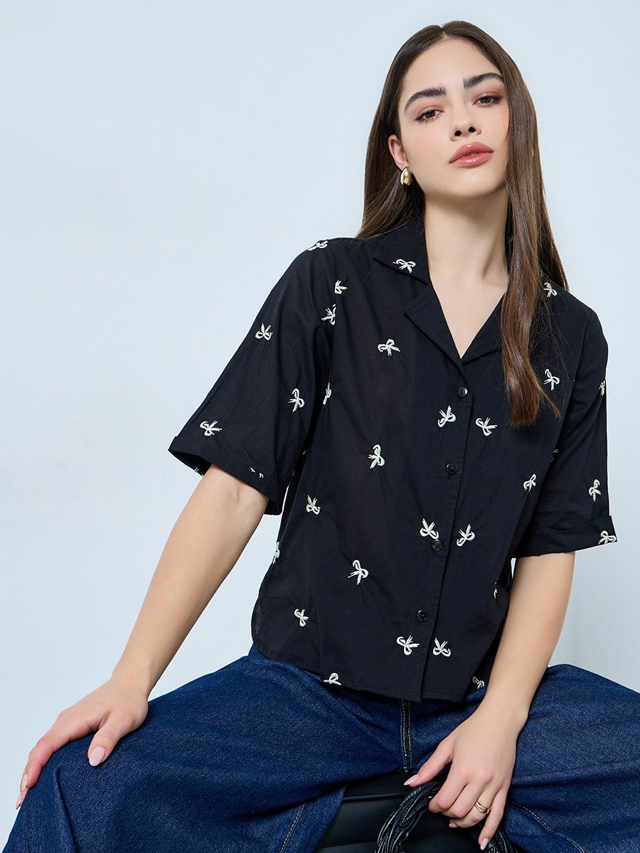 Black Bow Embroidered Detail Cotton Shirt
