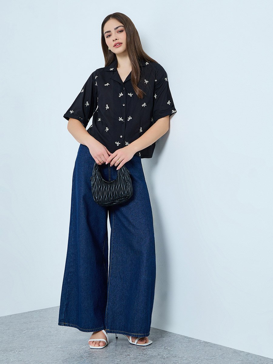 Black Bow Embroidered Detail Cotton Shirt