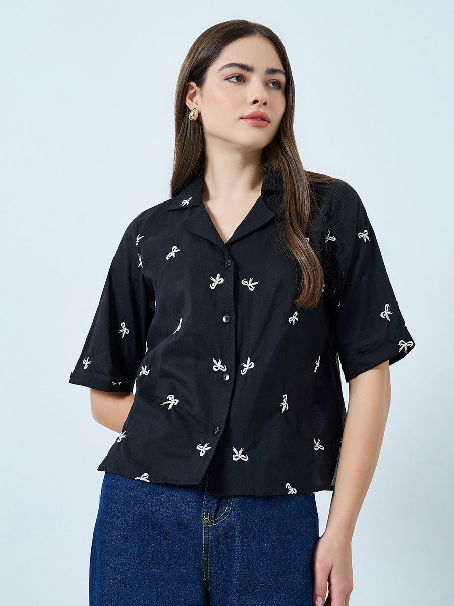 Black Bow Embroidered Detail Cotton Shirt