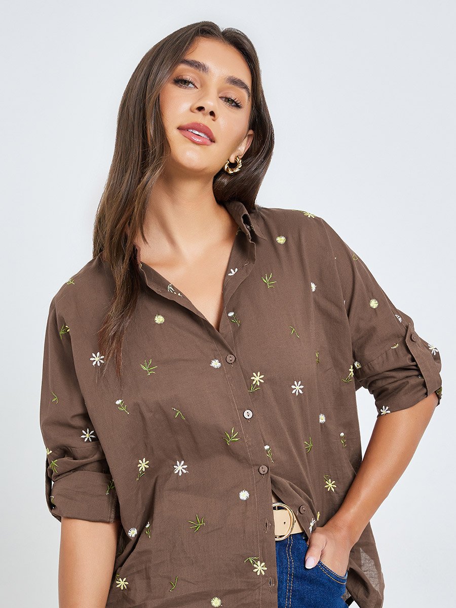 Brown Embroidered Linen Look Longline Shirt