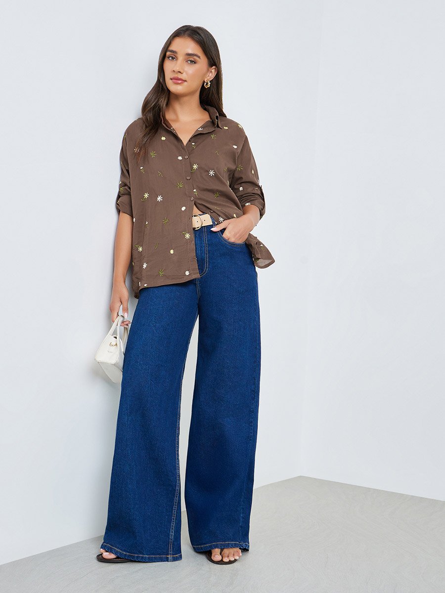 Brown Embroidered Linen Look Longline Shirt