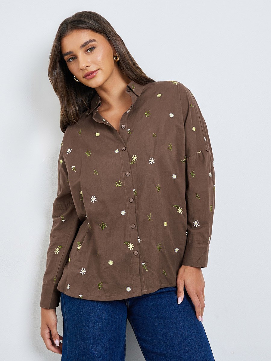 Brown Embroidered Linen Look Longline Shirt