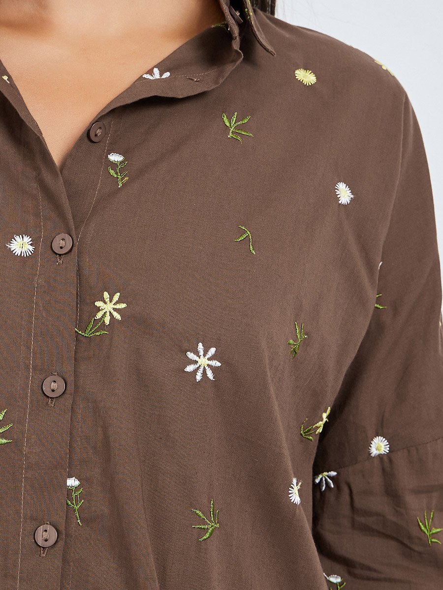 Brown Embroidered Linen Look Longline Shirt