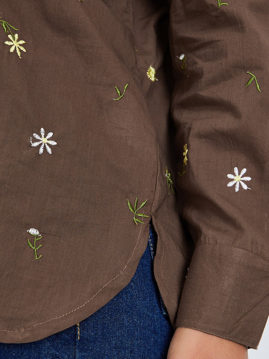 Brown Embroidered Linen Look Longline Shirt