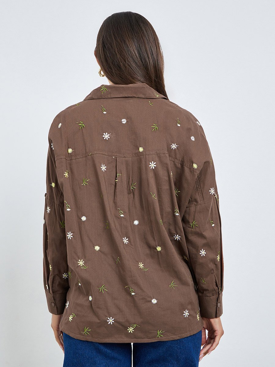 Brown Embroidered Linen Look Longline Shirt