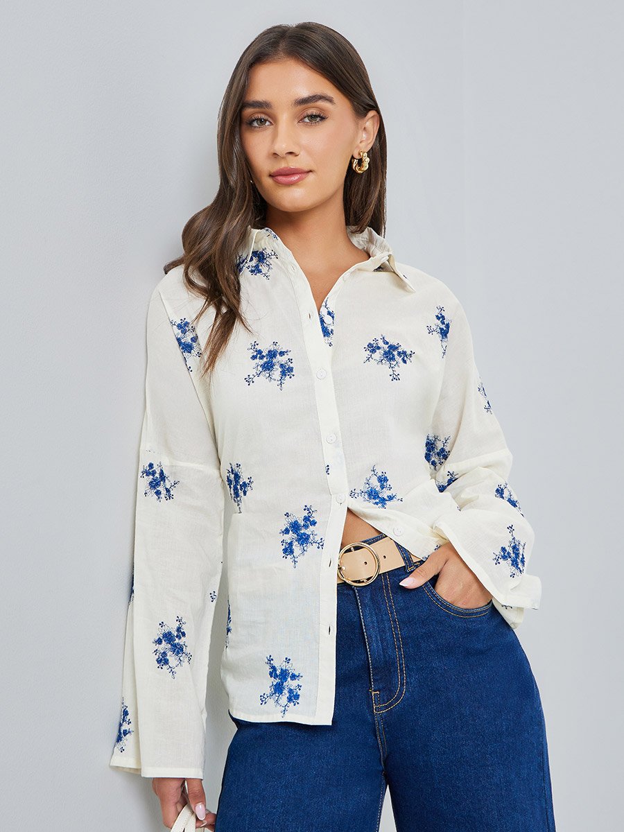 Off-White Embroidered Long Sleeve Oversized Shirt