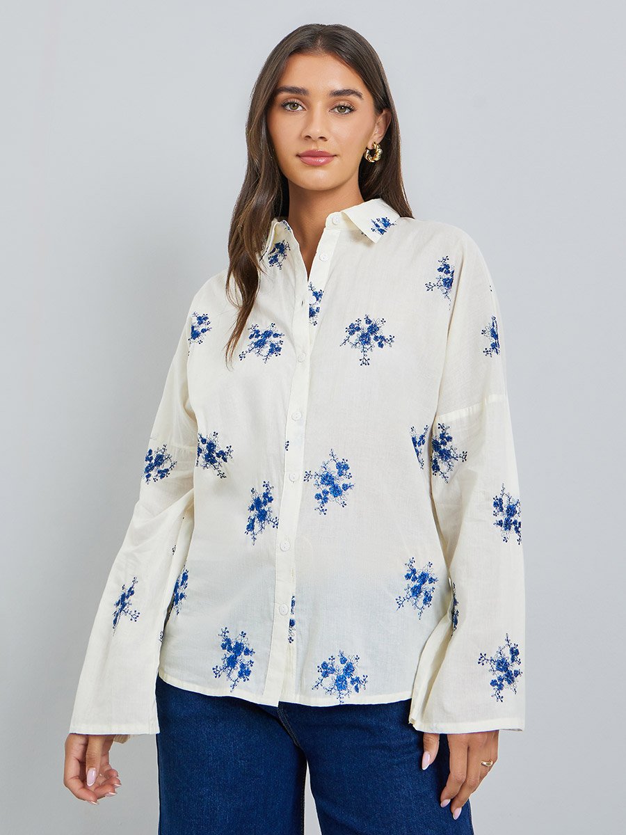 Off-White Embroidered Long Sleeve Oversized Shirt