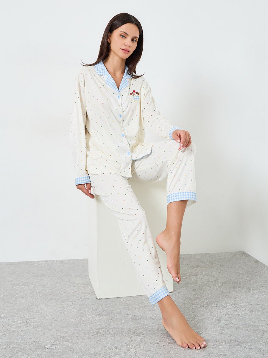 Polka Print Buttoned Shirt and Pyjama Set