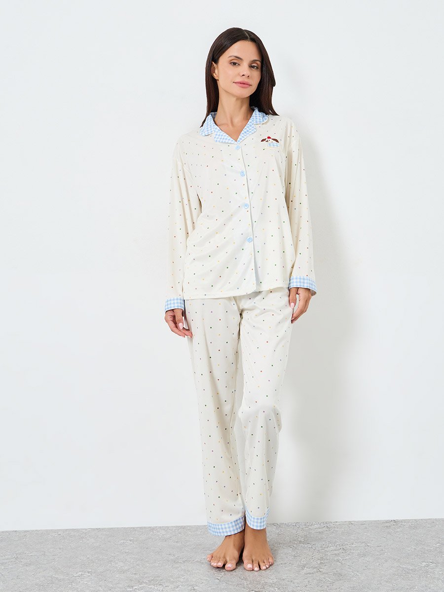 Polka Print Buttoned Shirt and Pyjama Set