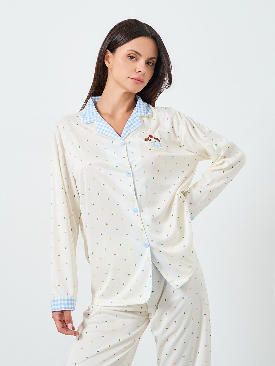 Polka Print Buttoned Shirt and Pyjama Set