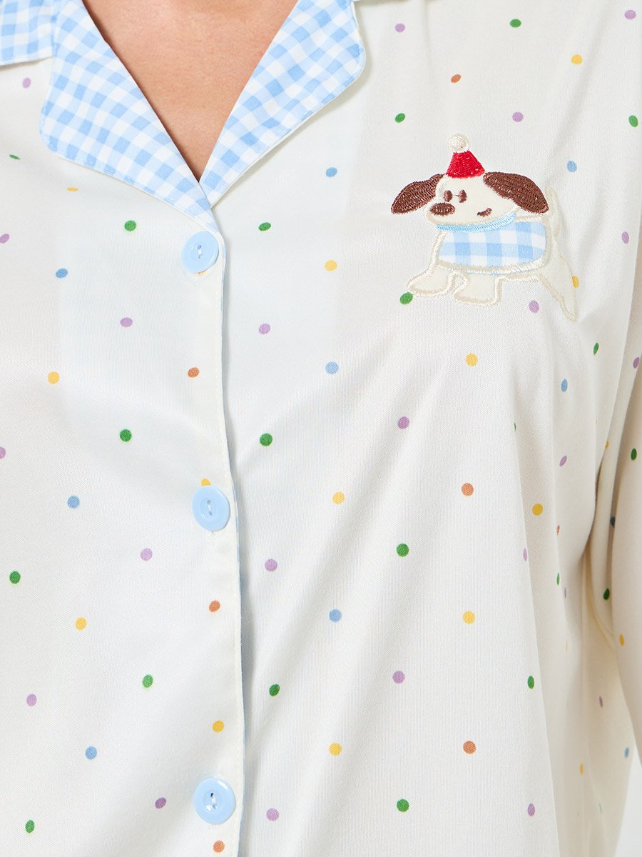 Polka Print Buttoned Shirt and Pyjama Set