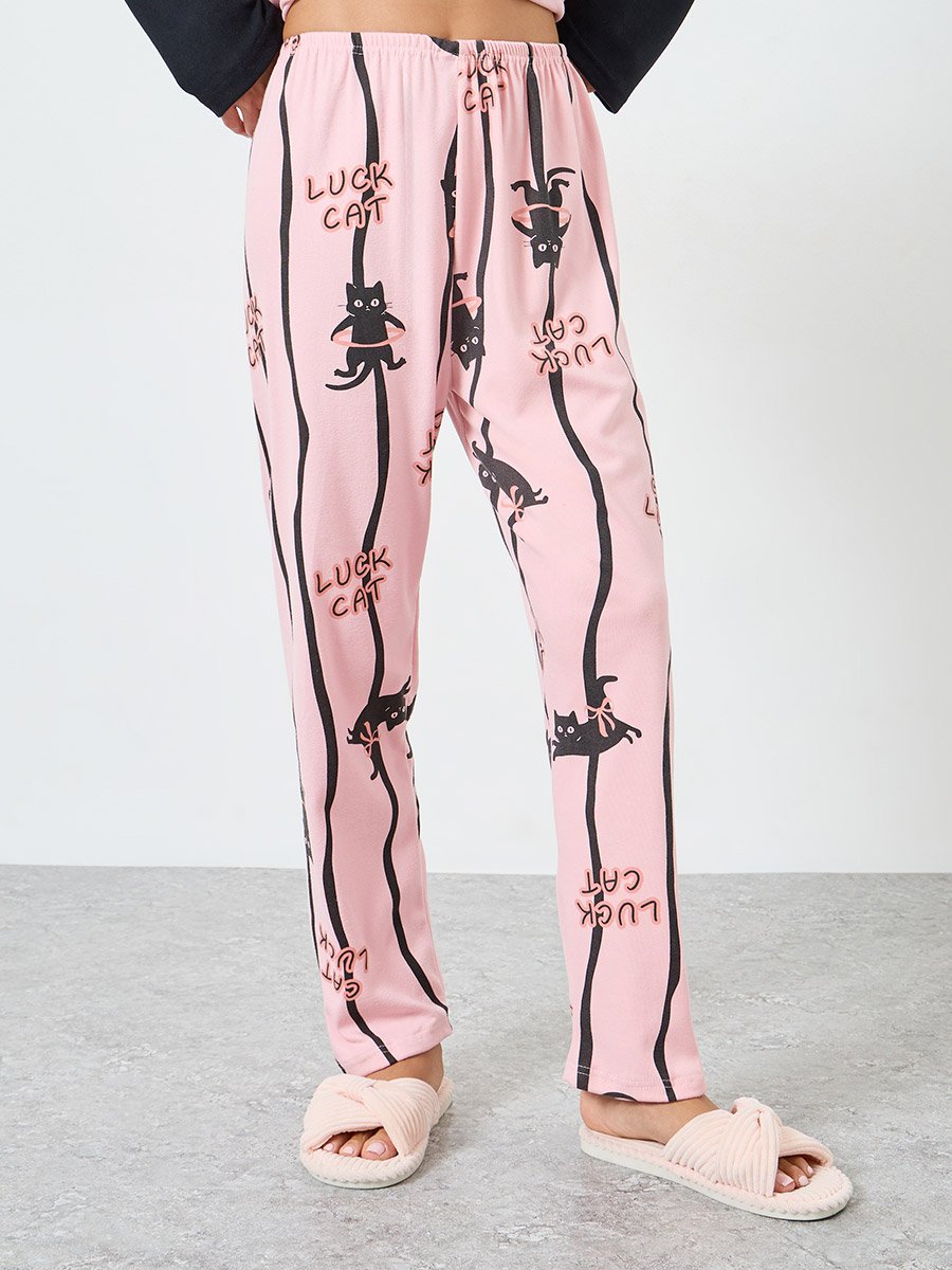 Fleece Cat Print Long Sleeve T-Shirt and Pyjama Set