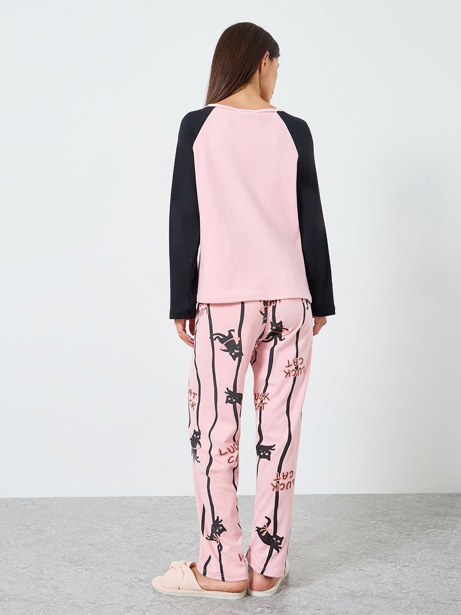 Fleece Cat Print Long Sleeve T-Shirt and Pyjama Set