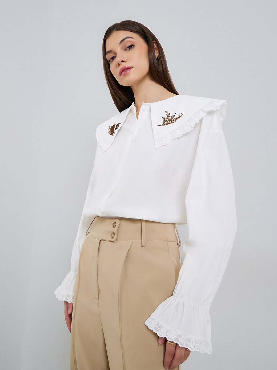 Women White Embroidered Collar Long Sleeve Blouse