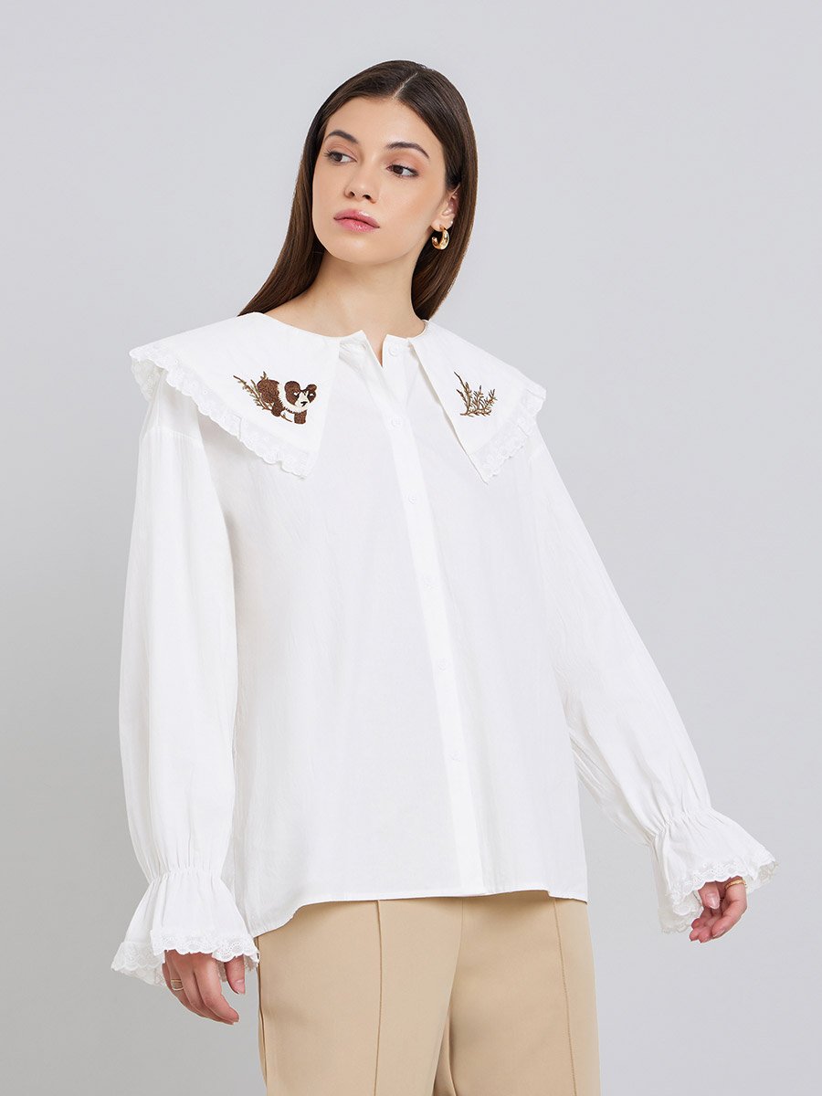 Women White Embroidered Collar Long Sleeve Blouse