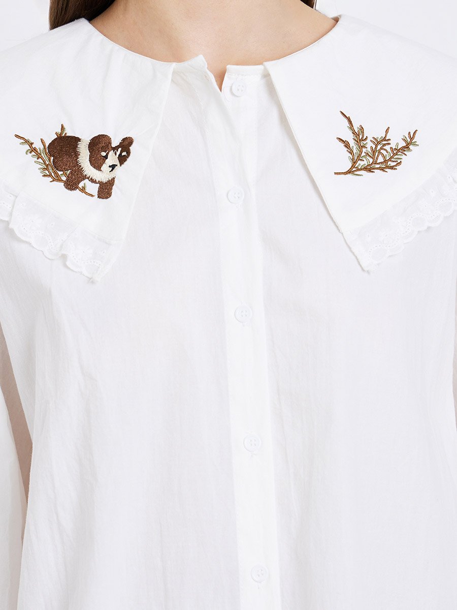 Women White Embroidered Collar Long Sleeve Blouse