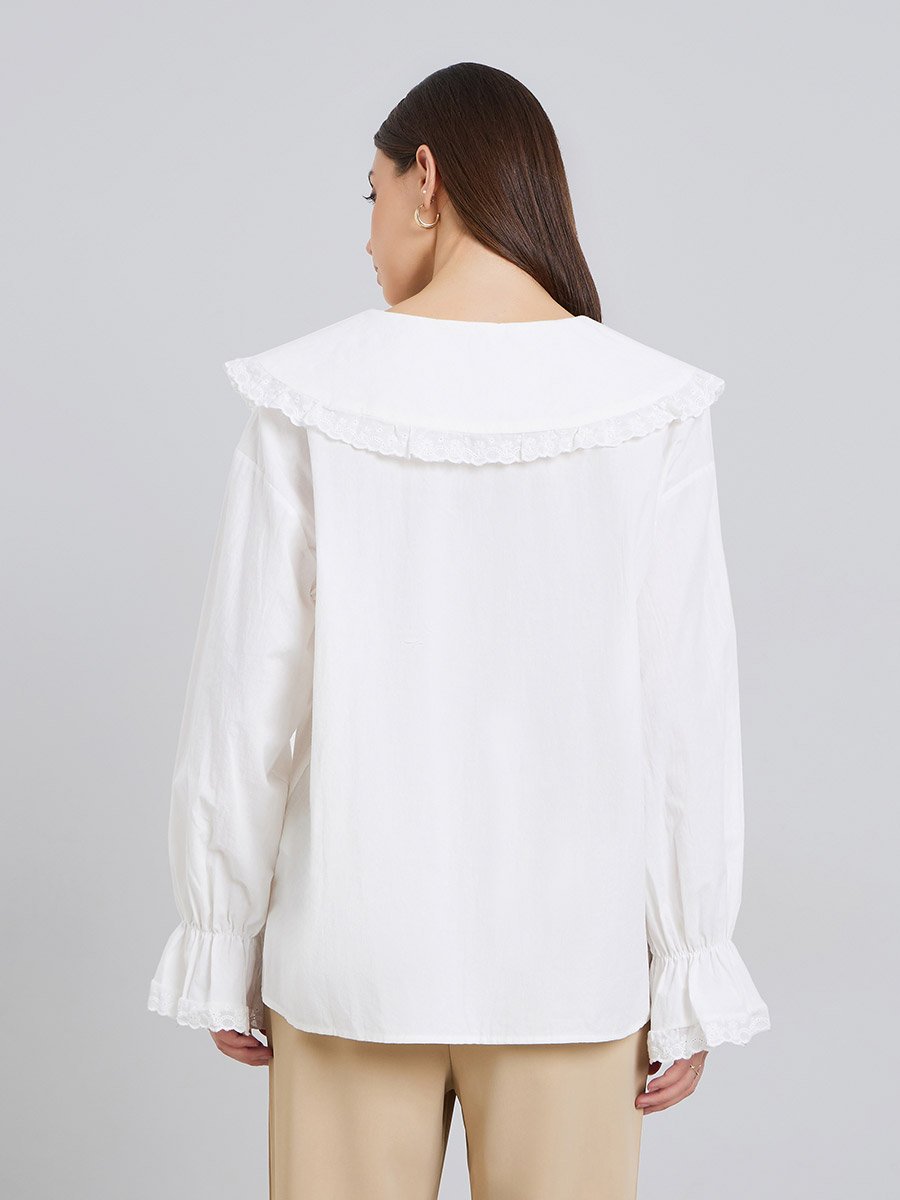 Women White Embroidered Collar Long Sleeve Blouse