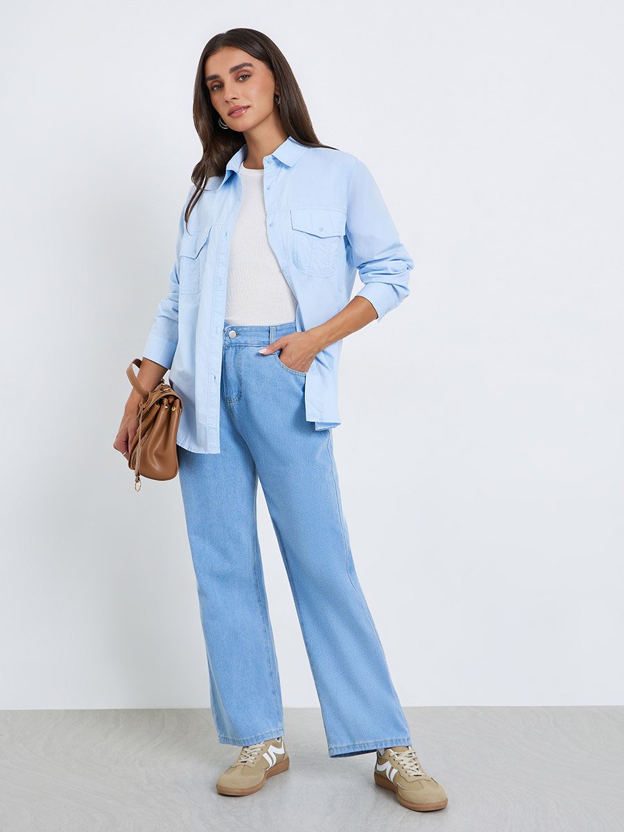 Women Light Blue Long Sleeve Oversized Shirt