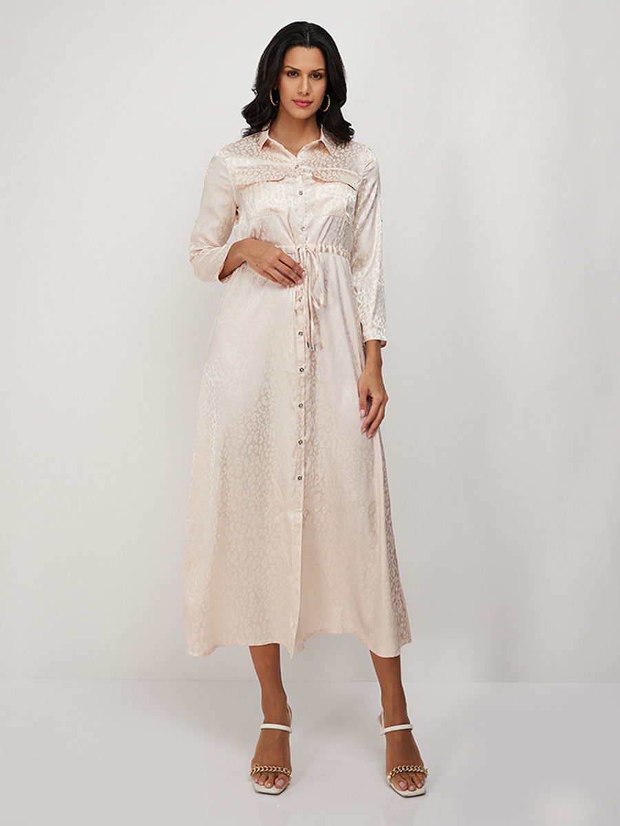 Animal Patterned Satin Shirt Dress