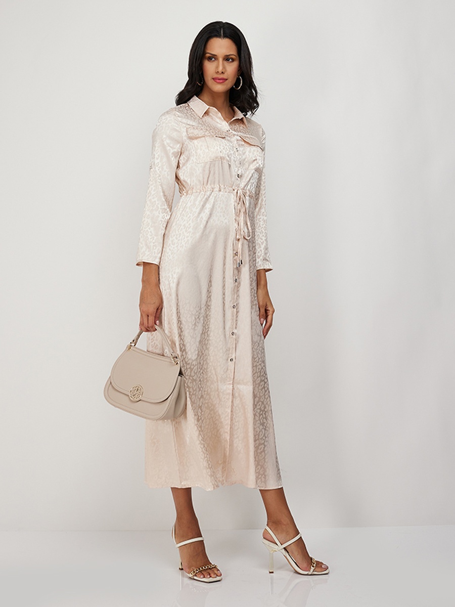 Animal Patterned Satin Shirt Dress