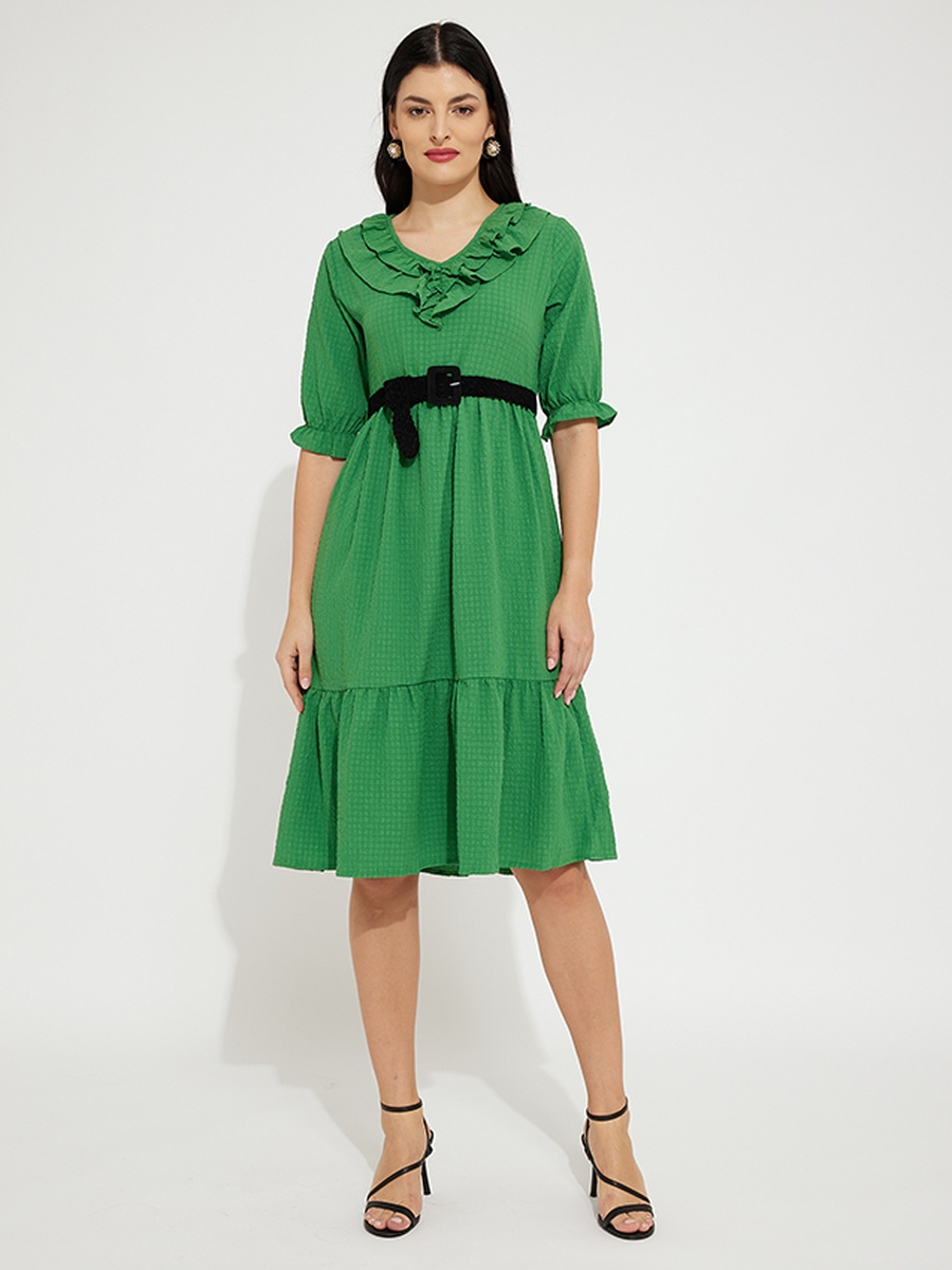 Plain Ruffle Trim A-Line Midi Dress