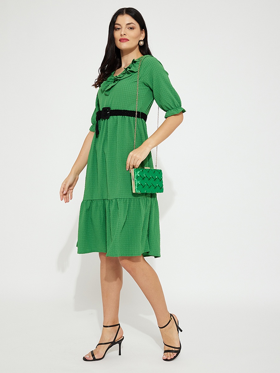 Plain Ruffle Trim A-Line Midi Dress
