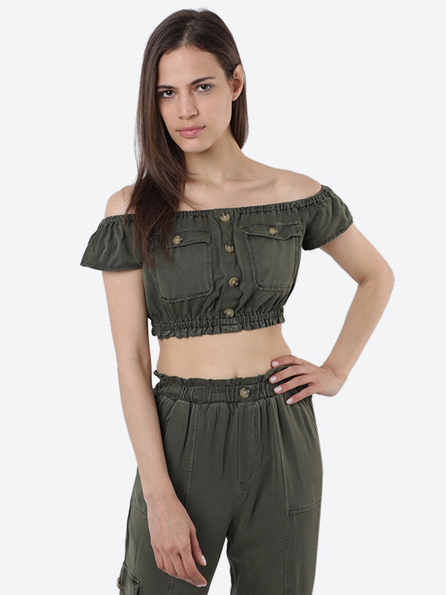 Plain Off-Shoulder Crop Bardot Top