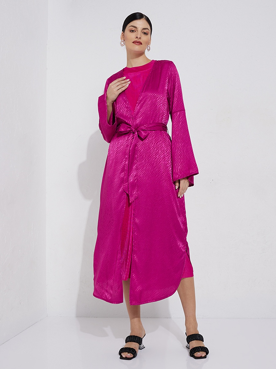 Self Design Round Neck Belted A-Line Midi Dress