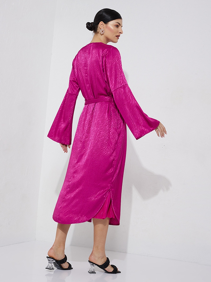 Self Design Round Neck Belted A-Line Midi Dress