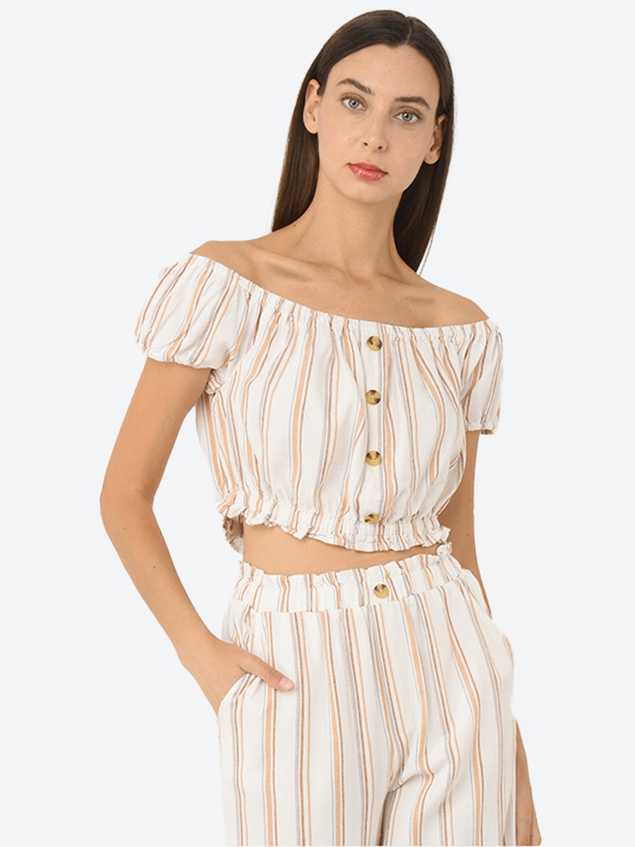 Striped Off-Shoulder Crop Bardot Top