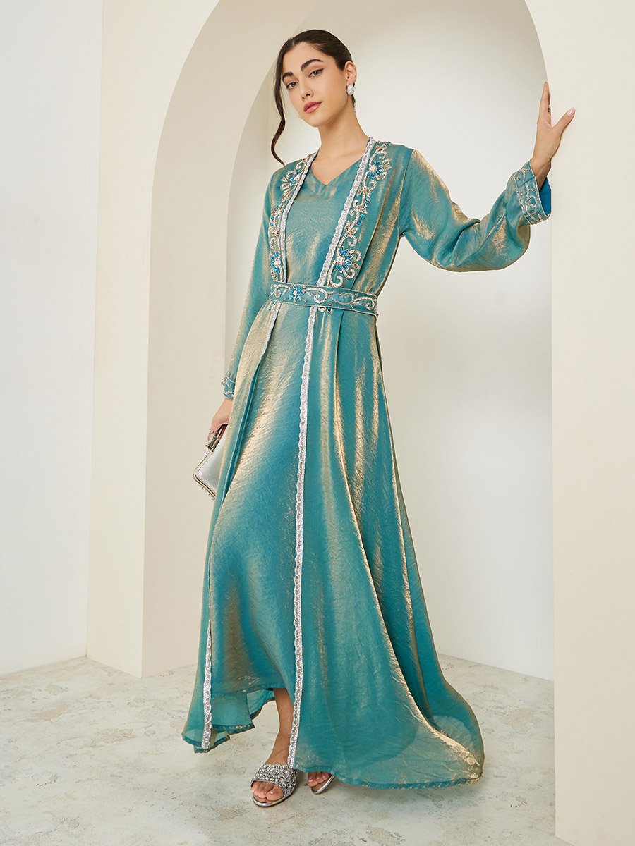 Green Embellished Kaftan and Maxi Dress Set For Women at Bahrain | Styli Green Embellished Kaftan and Maxi Dress Set For Women at Bahrain | Styli