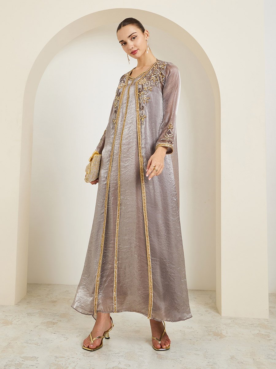 Brown Belted Embellished Kaftan with Maxi Dress Set