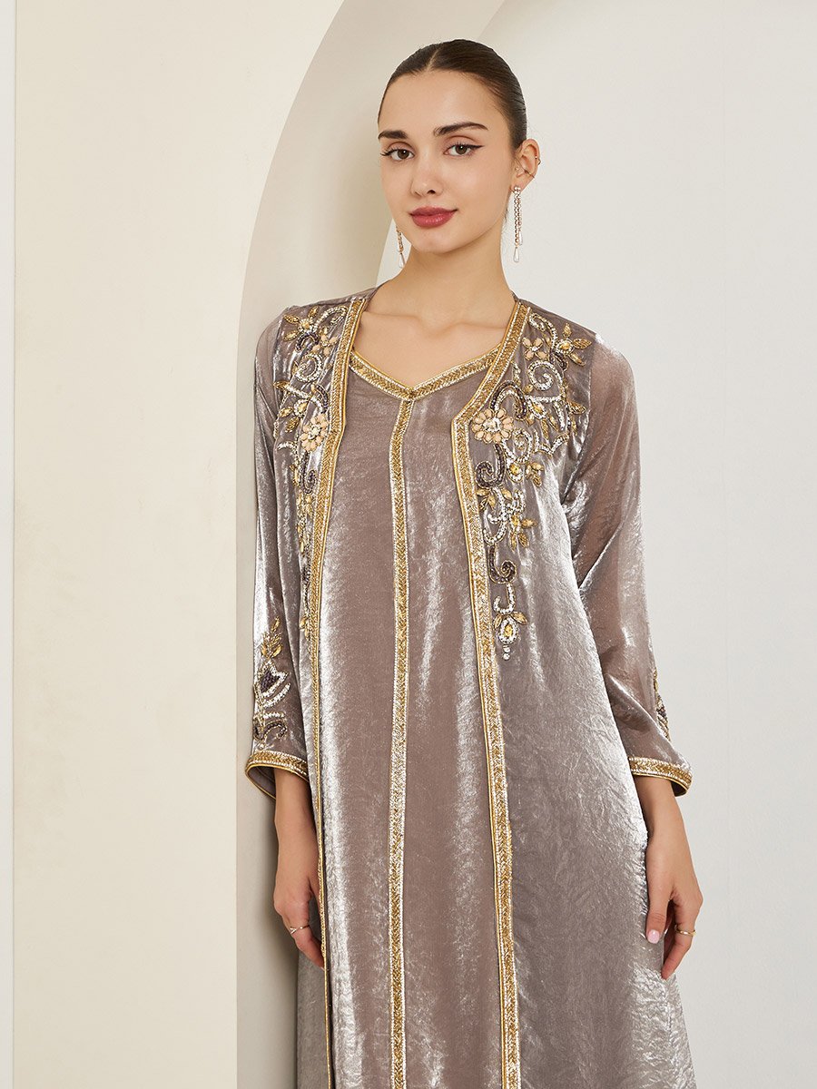 Brown Belted Embellished Kaftan with Maxi Dress Set