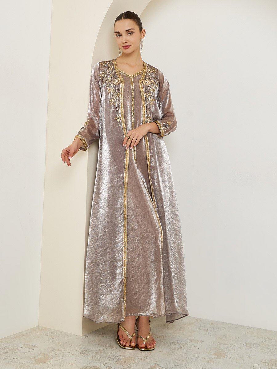 Brown Belted Embellished Kaftan with Maxi Dress Set