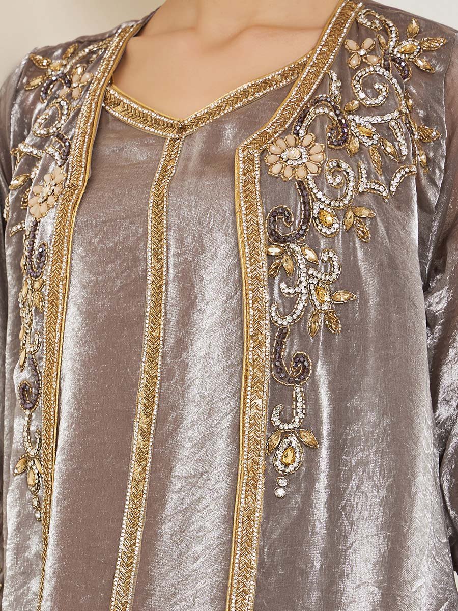 Brown Belted Embellished Kaftan with Maxi Dress Set