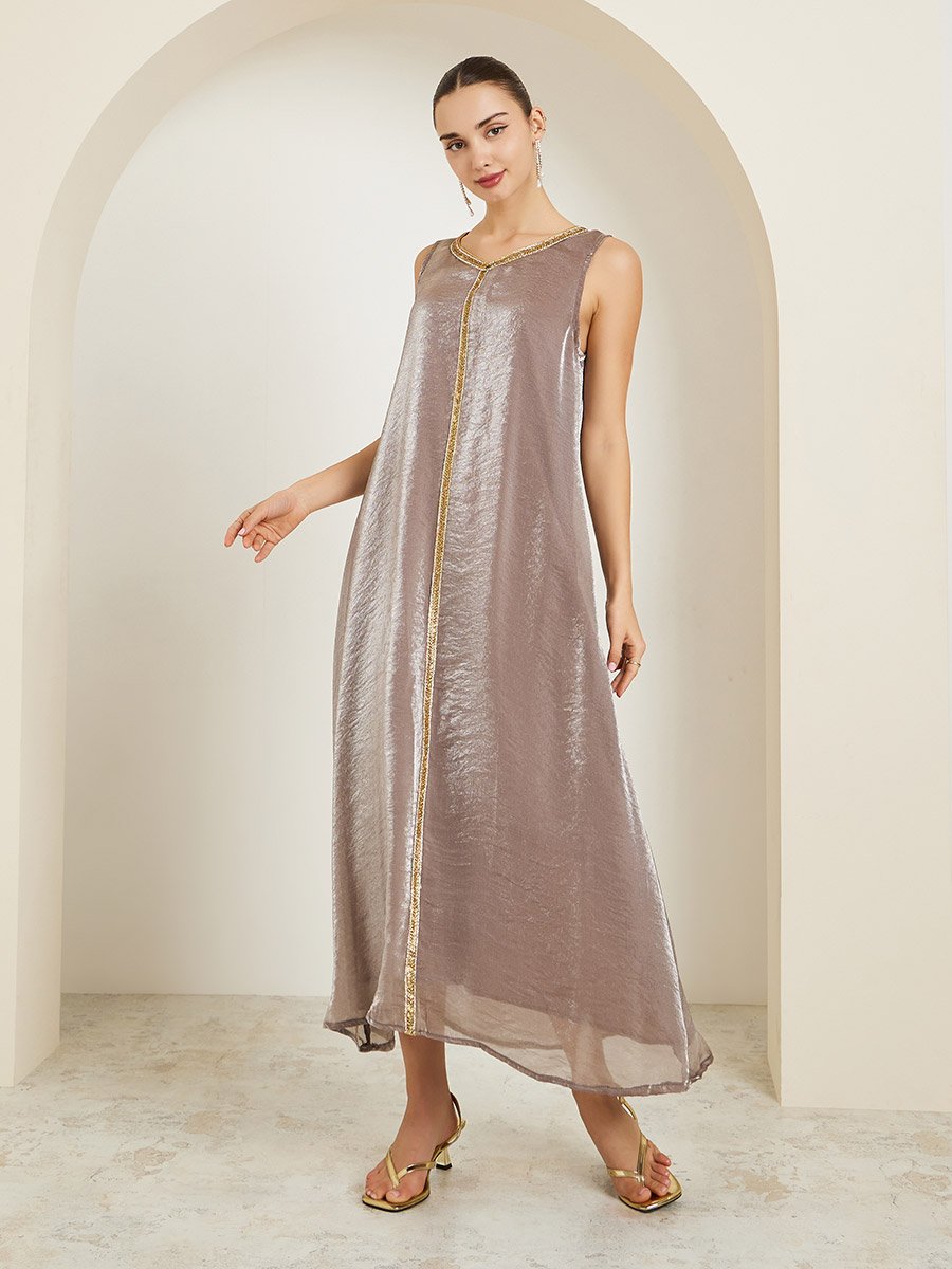Brown Belted Embellished Kaftan with Maxi Dress Set