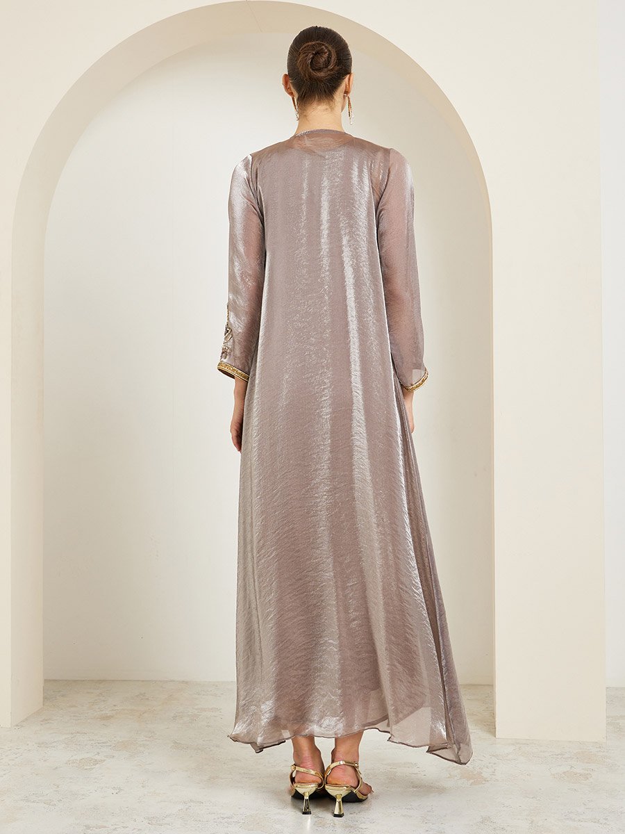 Brown Belted Embellished Kaftan with Maxi Dress Set