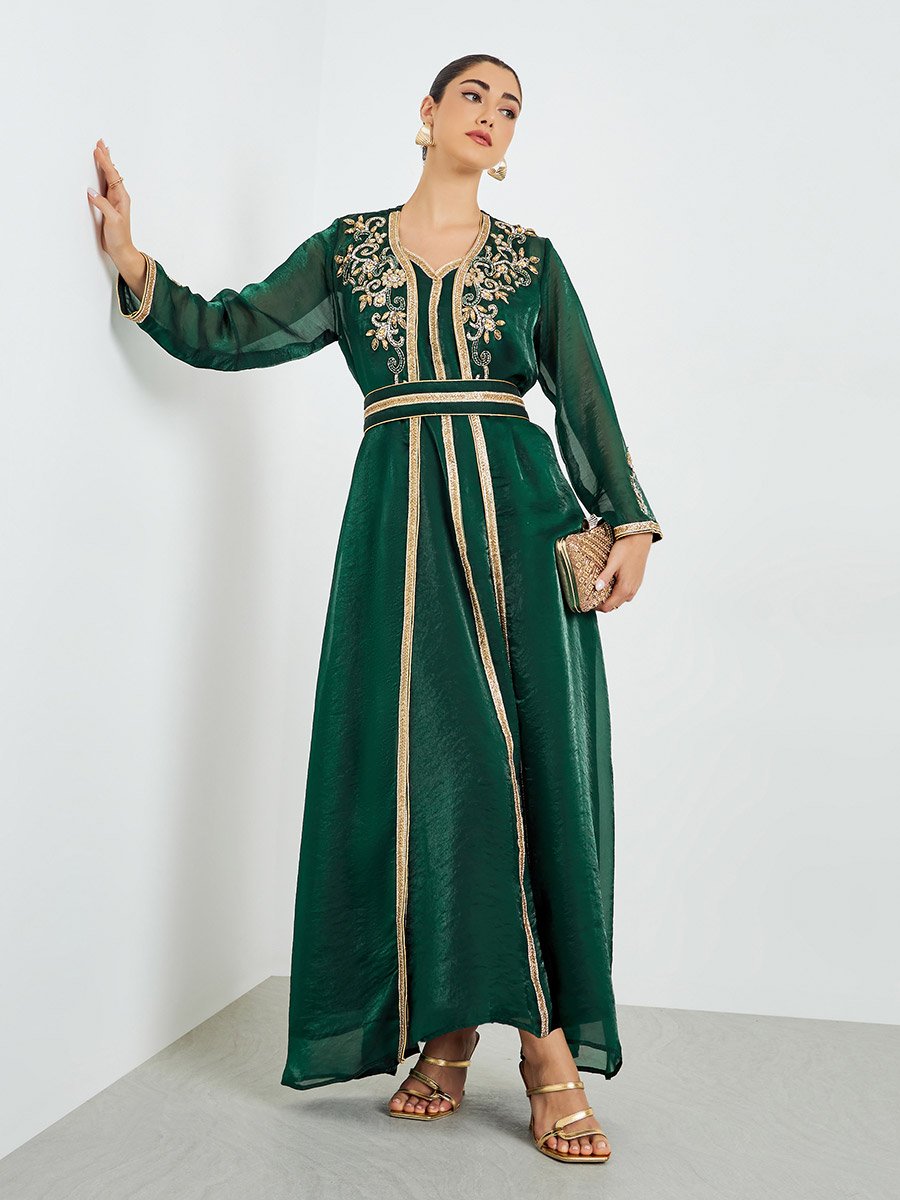 Green Belted Embellished Kaftan with Maxi Dress Set For Women at Qatar |  Styli