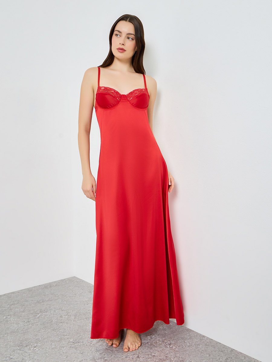 Women Red Satin Slip Dress with Lace Detail
